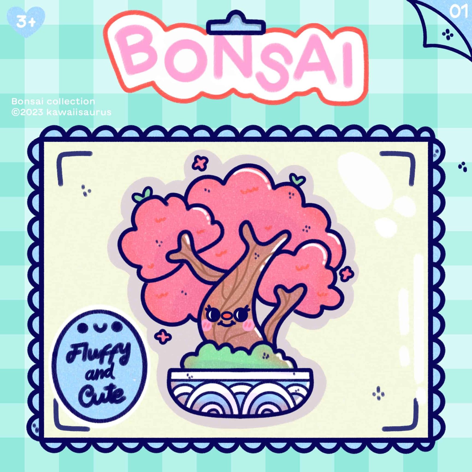 ilustracion de un bonsai kawaii de color rosa con carita en una caja