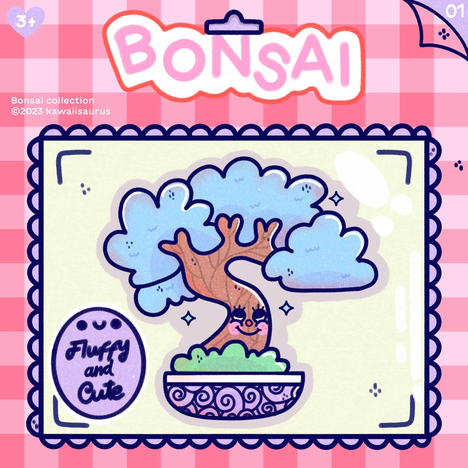 ilustracion de un bonsai kawaii de color azul con carita en una caja