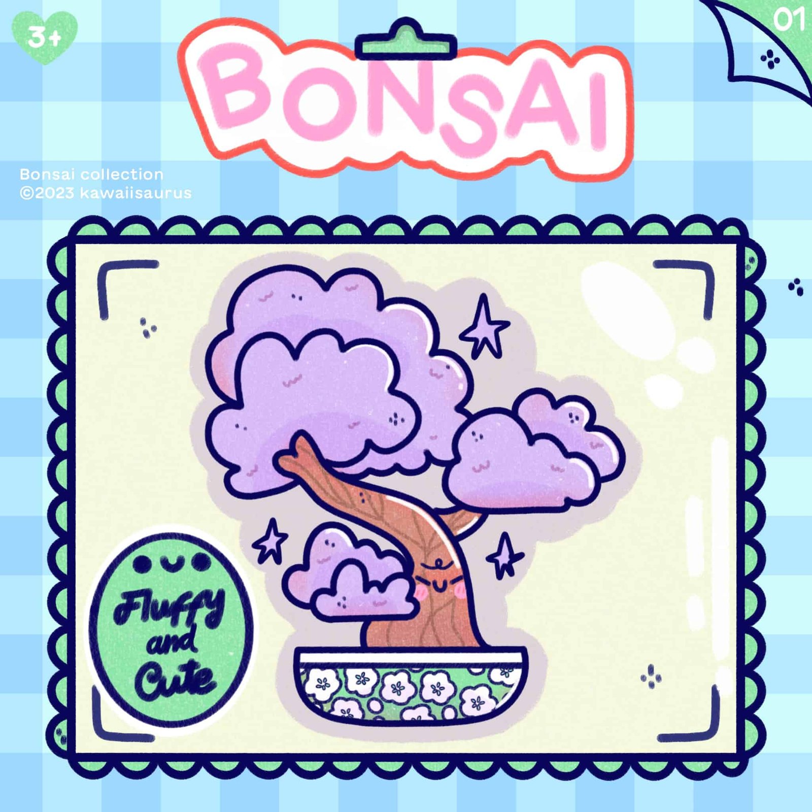 ilustracion de un bonsai kawaii de color morado con carita en una caja