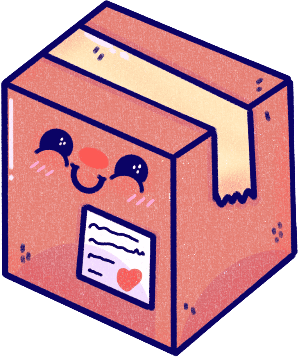 ilustracion de una caja de envios kawaii con carita feliz