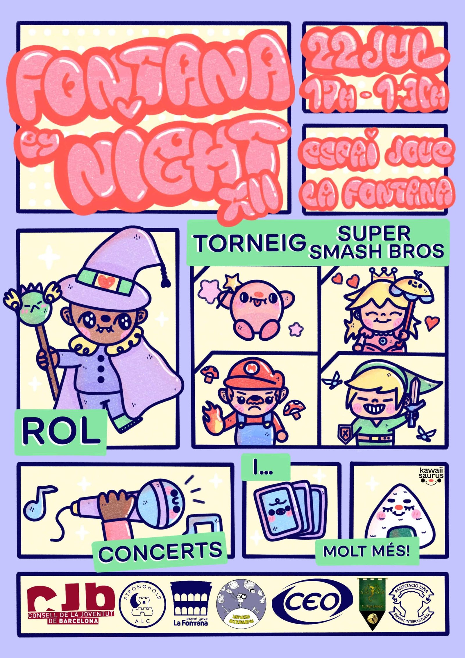 cartel ilustrado estilo kawaii para jornadas juegos de mesa y juegos de nintendo